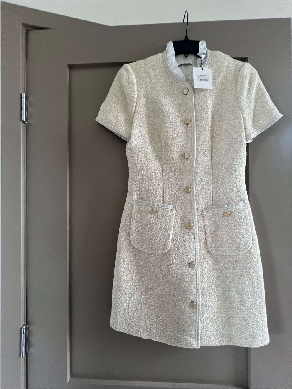 Sandro Cream Tweed Ruffle-Collar Jacket